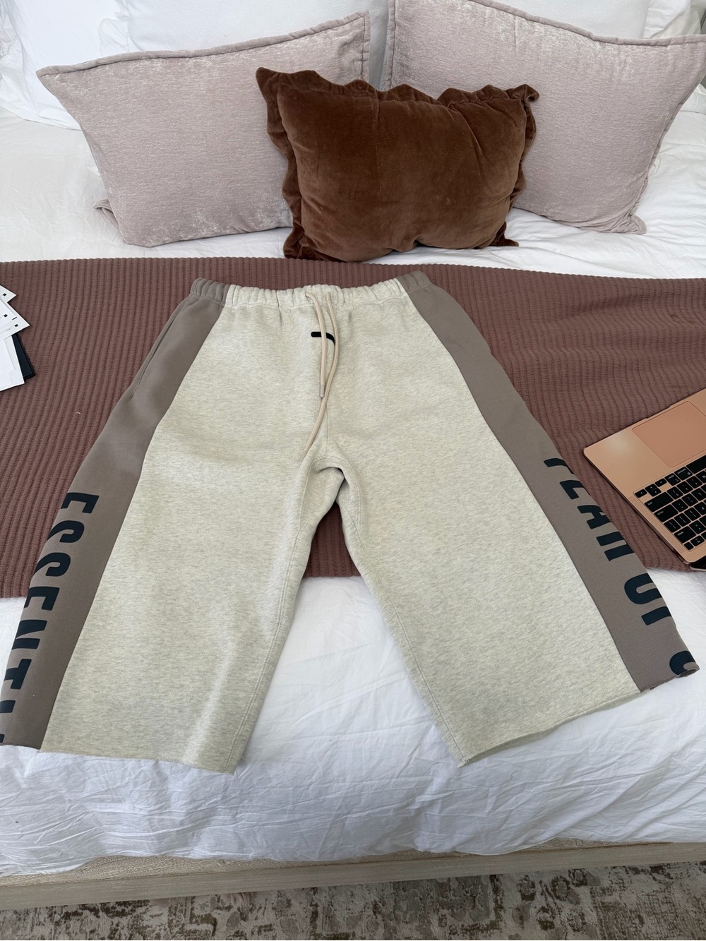Fear of God Men's Cream Cropped Athletic Shorts with Gray Side Panels - Picture 9 of 9